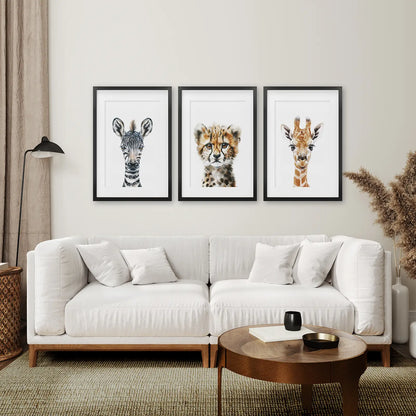 Baby Leopard Painting Kids Room Wall Art. Black Frames with Mat Above the Sofa.