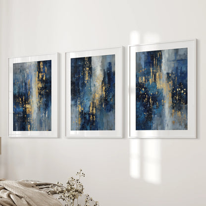 Navy blue and gold abstract brushstrokes, 3-piece wall decor set, in white matted frames gracing the bedroom wall with a refined, modern touch.