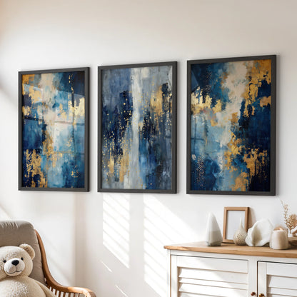 Black-framed wall art in a lively set of three blue-and-gold prints sits over the kids’ playroom dresser, bringing bold color with a clean, playful edge.
