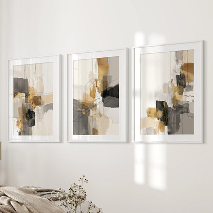 Neutral beige abstract forms, set of three matted prints in white frames, create a soft focus beside the bed wall, elevating a calm, modern bedroom.