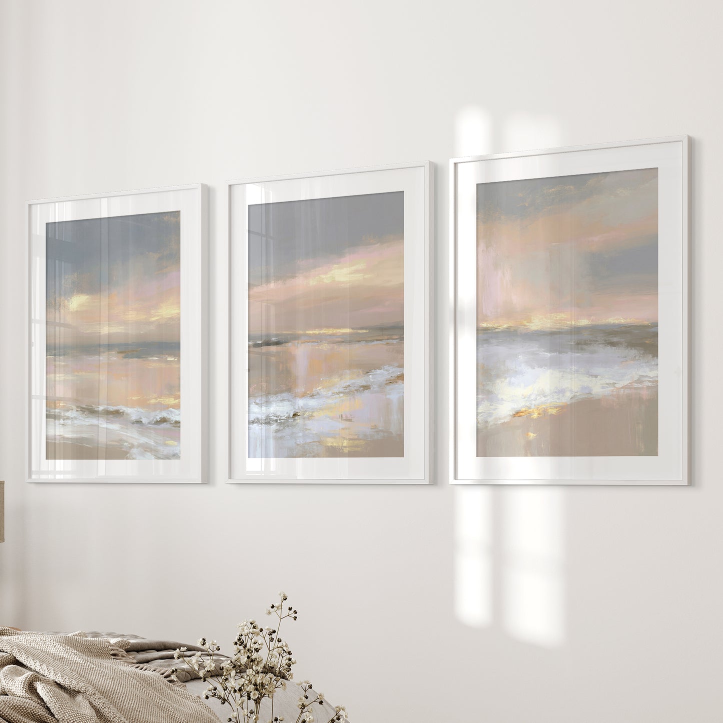 Abstract Coastal Set of 3 Prints. Neutral Seascape Painting