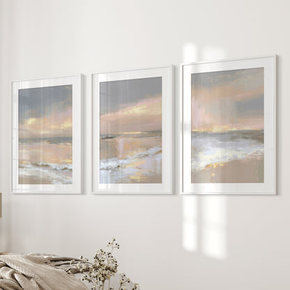 Abstract Coastal Set of 3 Prints. Neutral Seascape Painting