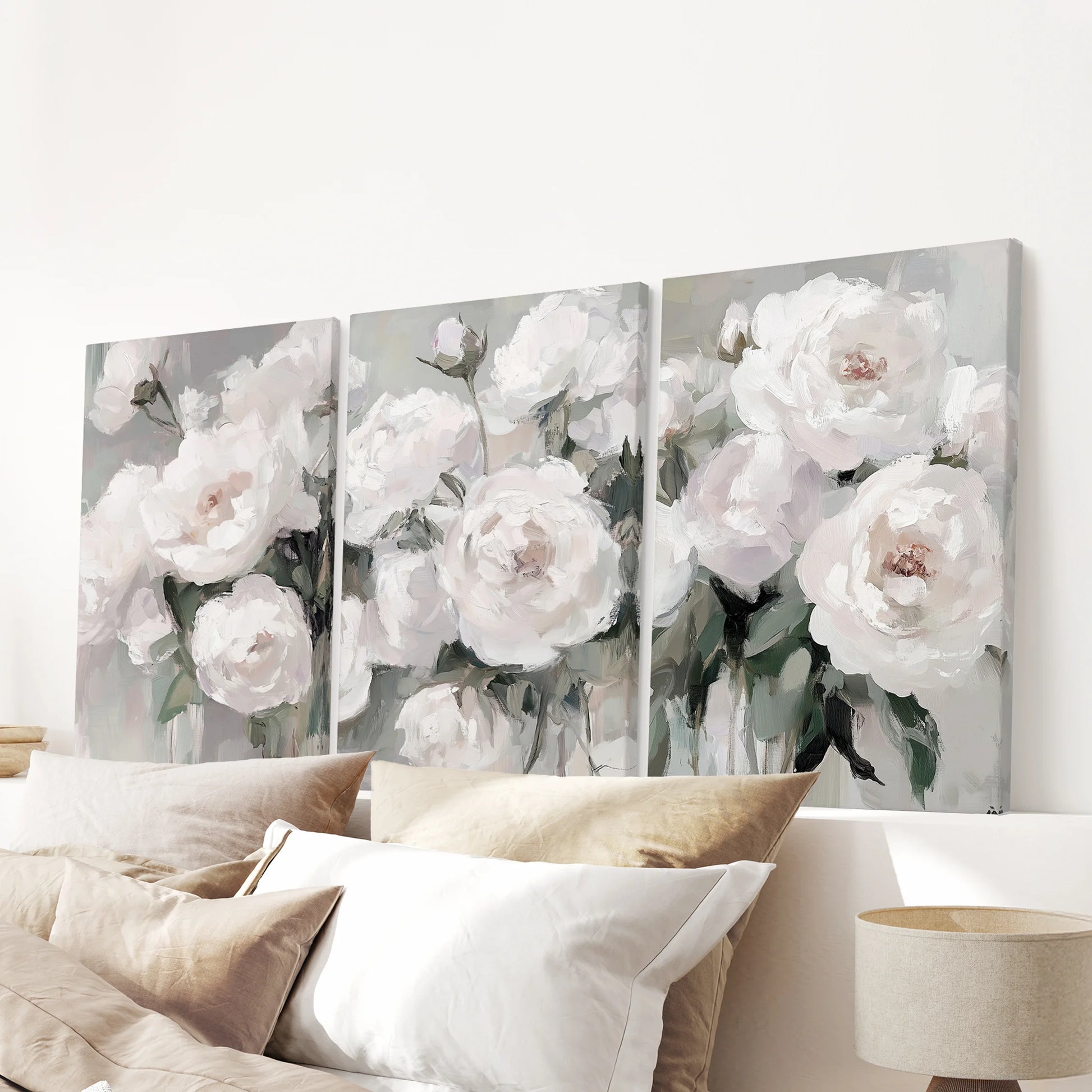 White peonies as a set of three canvas wall art prints, spanning above the bed to layer the bedroom with textured petals and gentle, modern romance.