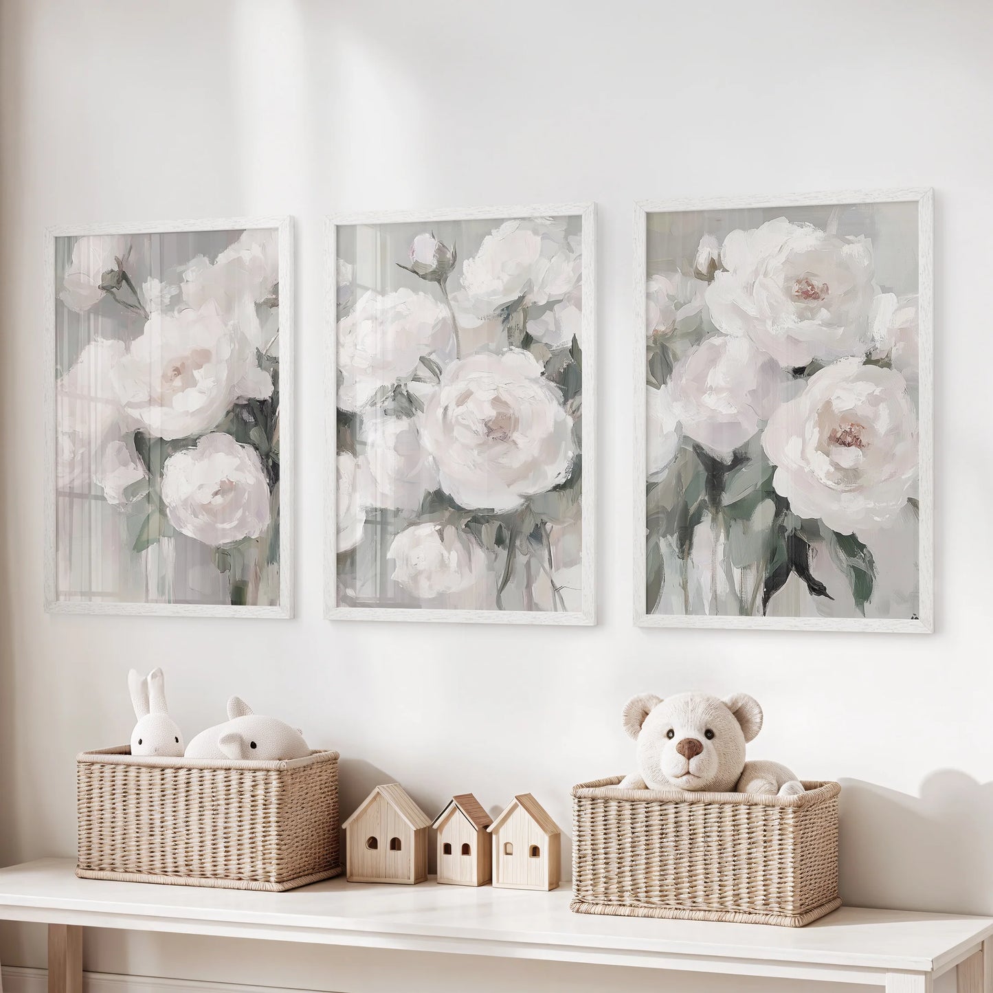 Three white-framed peony prints hang above the kids’ toy bench, giving the playroom a light, happy feel.