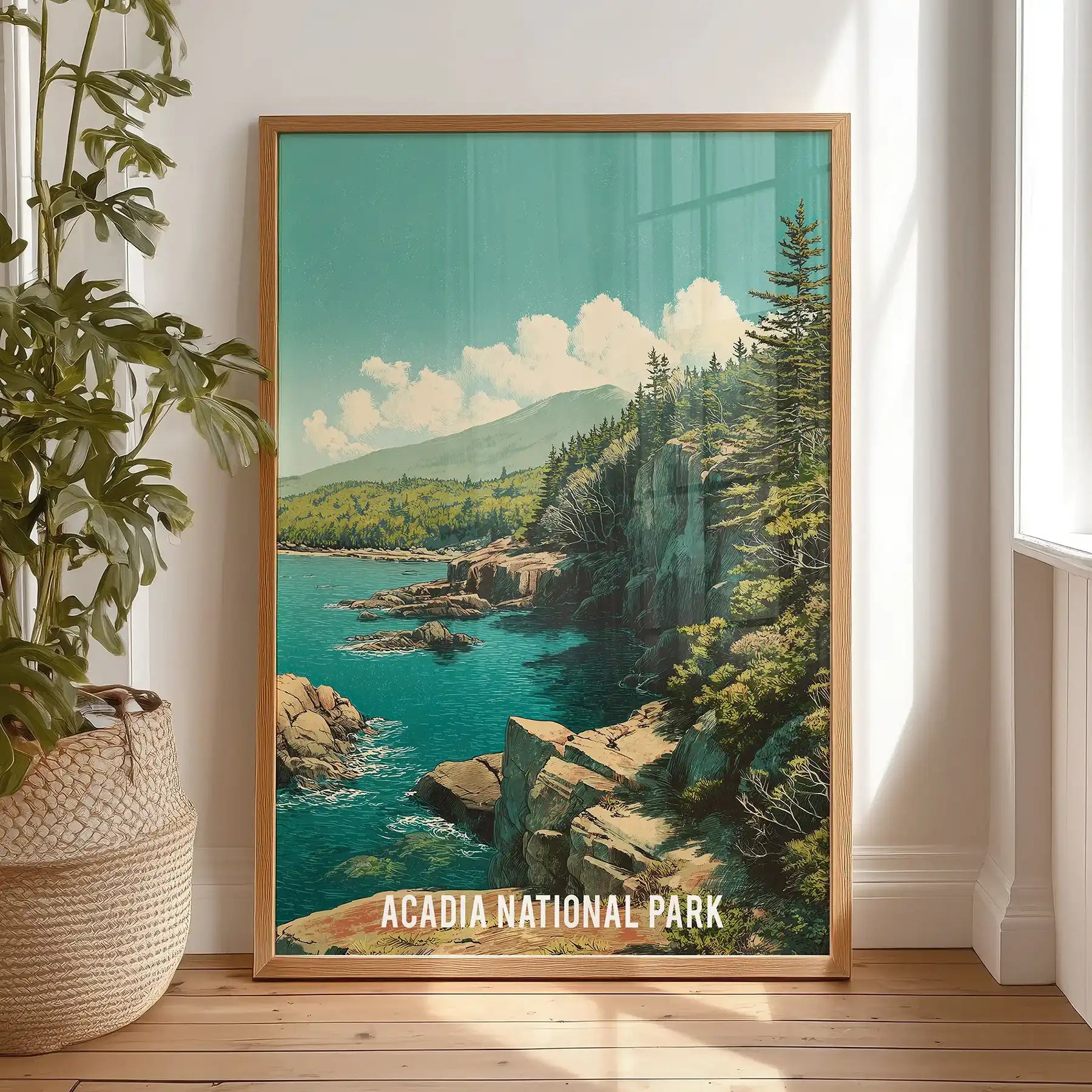 Wild forest panorama single art print in a natural oak frame, leaning against the bedroom wall by the window with relaxed, gallery-style ease.