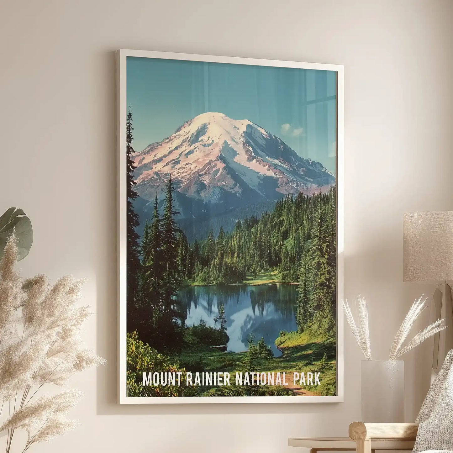 Evergreen Pacific Northwest forest individual wall art in a white frame adds a fresh note to the sitting room, perched over a cozy chair for quiet vibes.