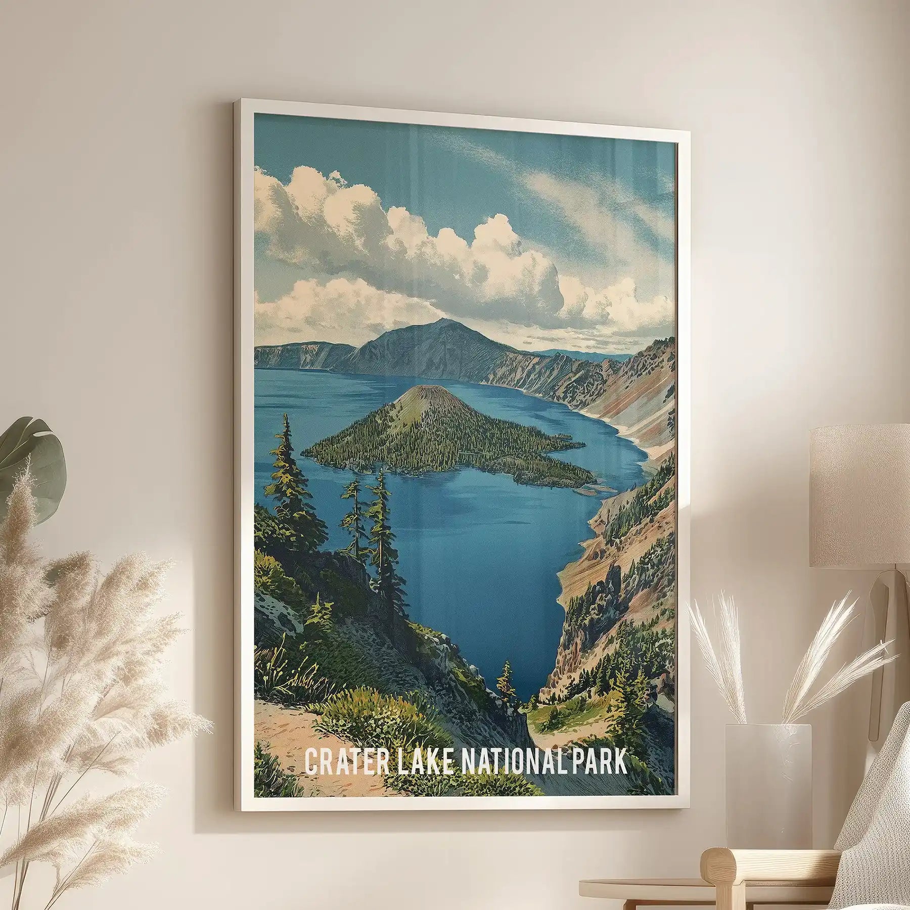 Crater Lake National Park, Oregon, home decor print, rests above the sitting room chair in a clean white frame, capturing the serene basin and sky.