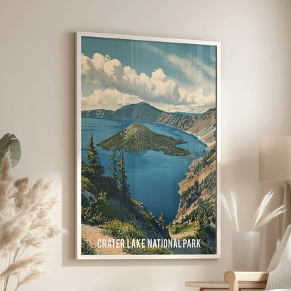 Crater Lake National Park, Oregon, home decor print, rests above the sitting room chair in a clean white frame, capturing the serene basin and sky.