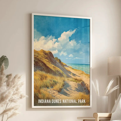 Blue and yellow coastal scene wall art piece, white framed, brightens a sitting room and hangs just above a cozy chair for laid-back charm.