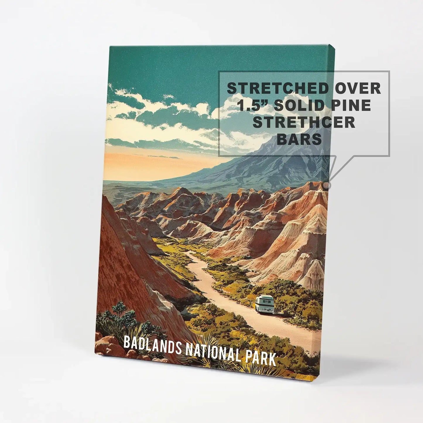 Adventure road artwork of the Badlands printed on wrapped canvas offers gallery-style depth and comes ready to hang as modern wall art.