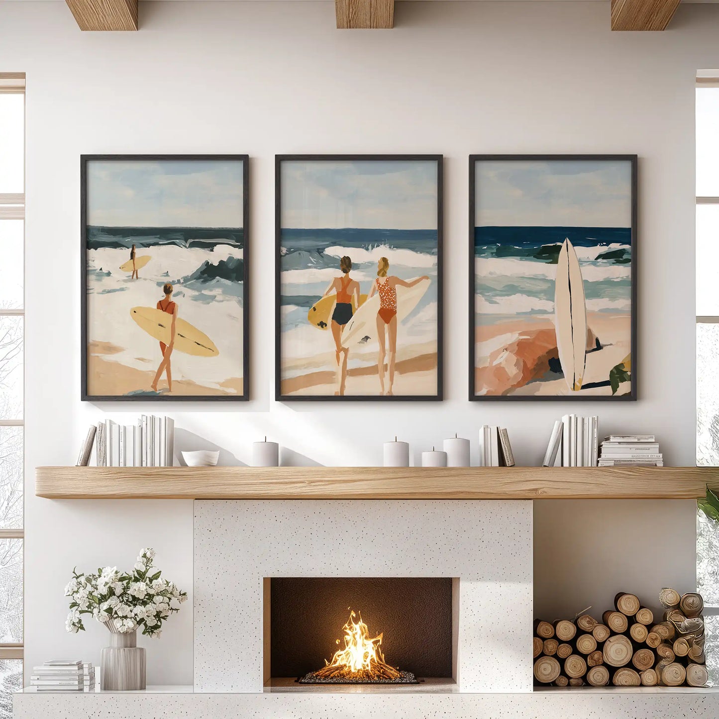 A trio of black-framed surfer girl prints hangs above the sitting-room mantle, lending crisp coastal lift and breezy ease to the wall.