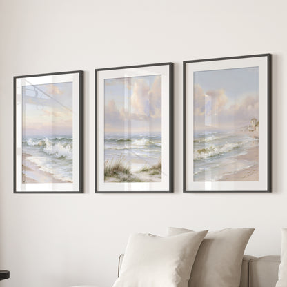 Beach Landscape Set of 3 Wall Decor. Serene Ocean Waves Prints