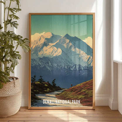 Individual artwork of Denali’s alpine landscape adds calm warmth, propped on the bedroom floor in a slender wood frame with natural charm.
