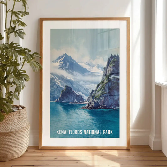 Kenai Fjords National Park landscape individual wall art stands against the wall as a black framed print with mat, an easy accent for the bedroom.