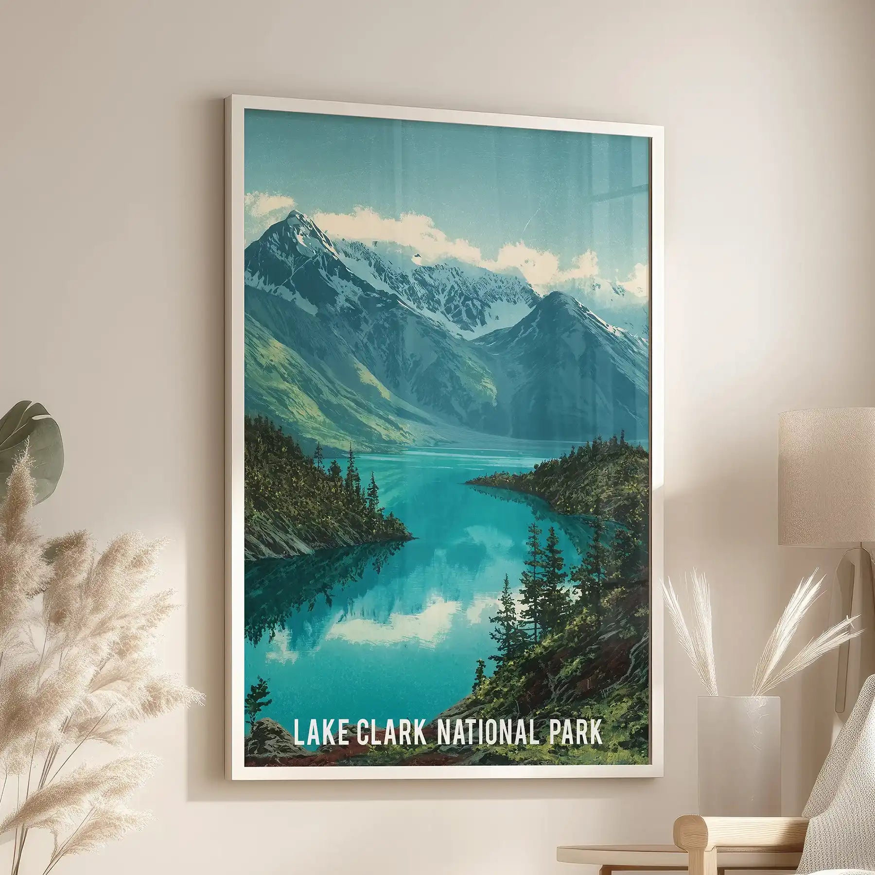 Lake Clark National Park landscape standalone wall art in a white frame elevates the sitting room, mounted above the side chair and window.