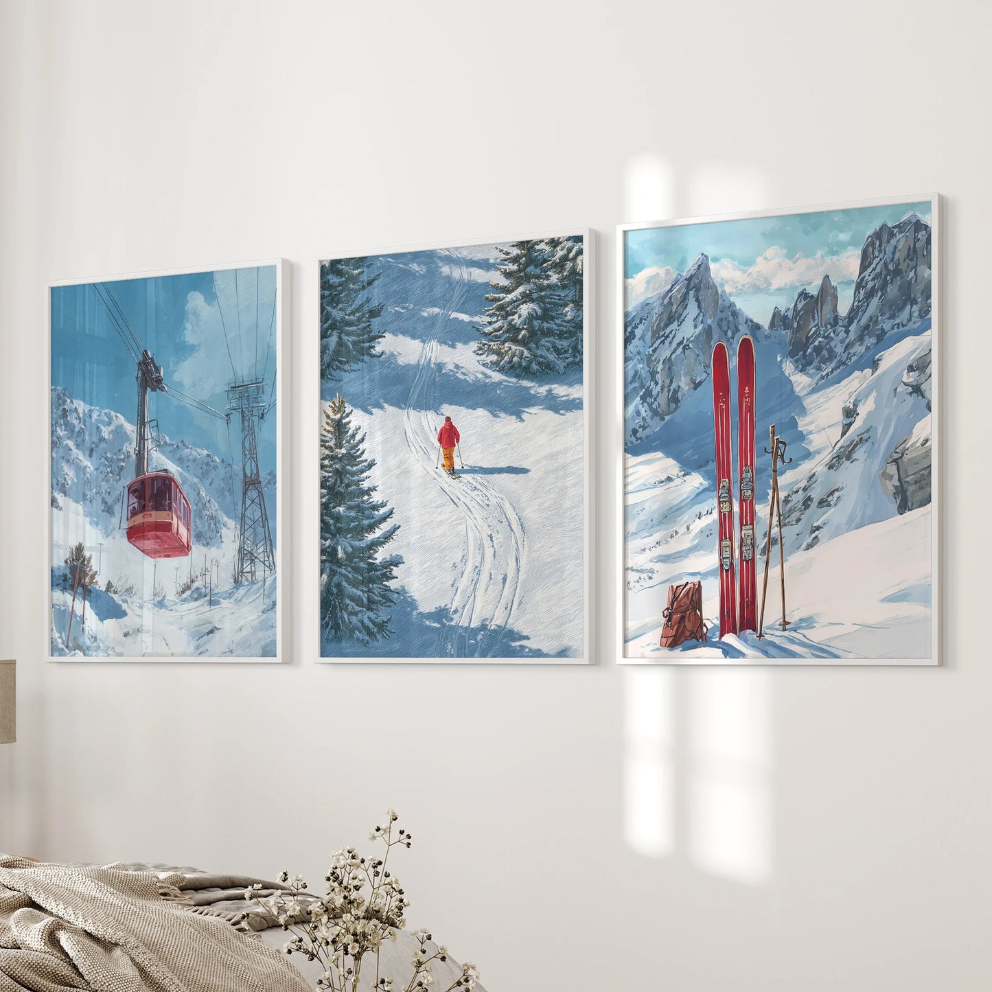 Gondola over alpine slopes art prints, set of three in white frames, style a bedroom wall beside the bed with soft mountain tones.