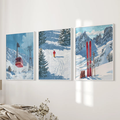 Gondola over alpine slopes art prints, set of three in white frames, style a bedroom wall beside the bed with soft mountain tones.