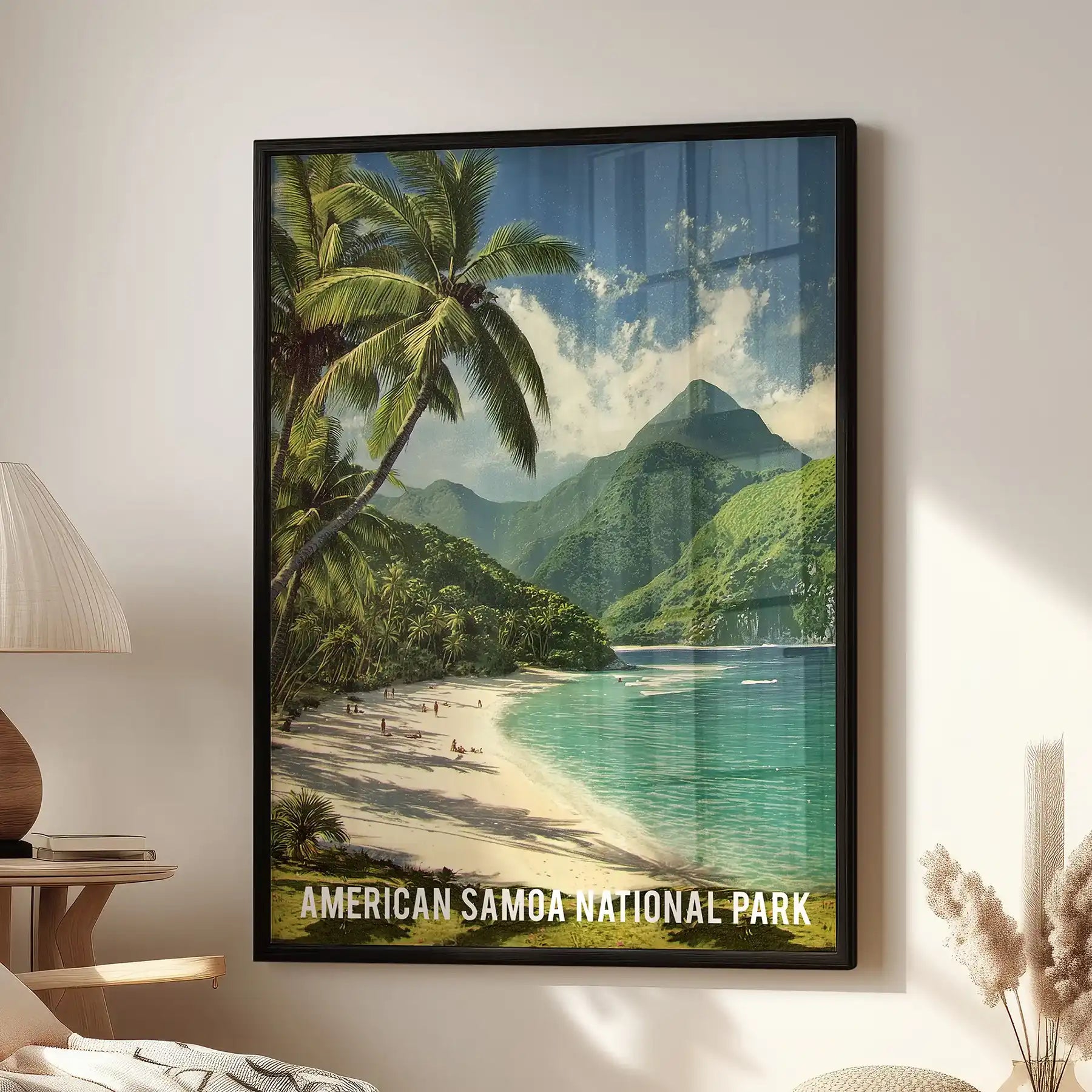 Lush ridgeline statement poster, hung over the lounge seat in a slim black frame, brings the island heights and an ocean haze softly into the room.