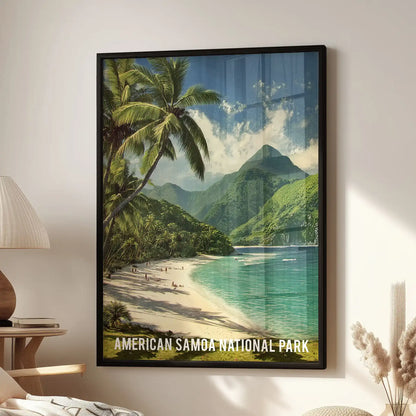Lush ridgeline statement poster, hung over the lounge seat in a slim black frame, brings the island heights and an ocean haze softly into the room.