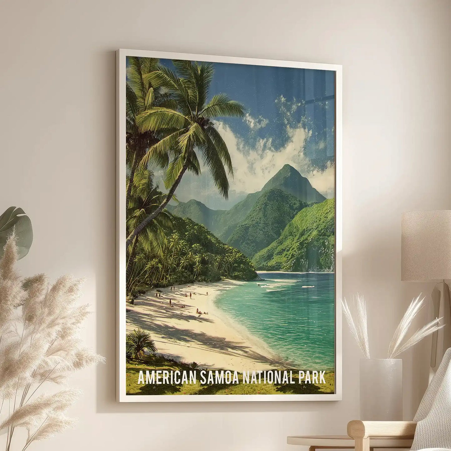 Vintage national park wall art in a white frame, hung above a cozy chair in the lounge, captures sunlit island greenery with timeless travel-poster charm.