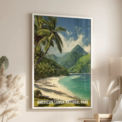 Vintage national park wall art in a white frame, hung above a cozy chair in the lounge, captures sunlit island greenery with timeless travel-poster charm.