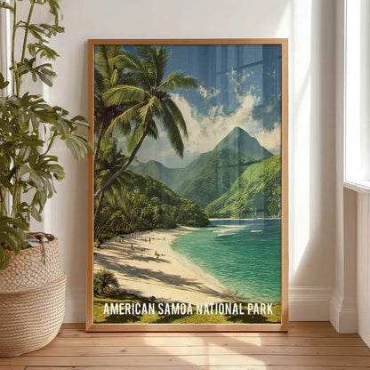 American Samoa coastline decorative art print in an oak wood frame, placed on the bedroom floor to lean casually, brings island blues and deep greens indoors.