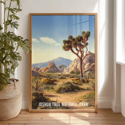 Warm beige desert illustration poster print leans in the bedroom, set in a natural oak frame and propped on the floor by the window for a casual look.
