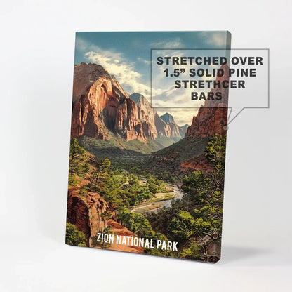 Unframed canvas wall decor of the Virgin River canyon captures Utah’s red cliffs and blue-green water, adding bold natural color to a blank wall.