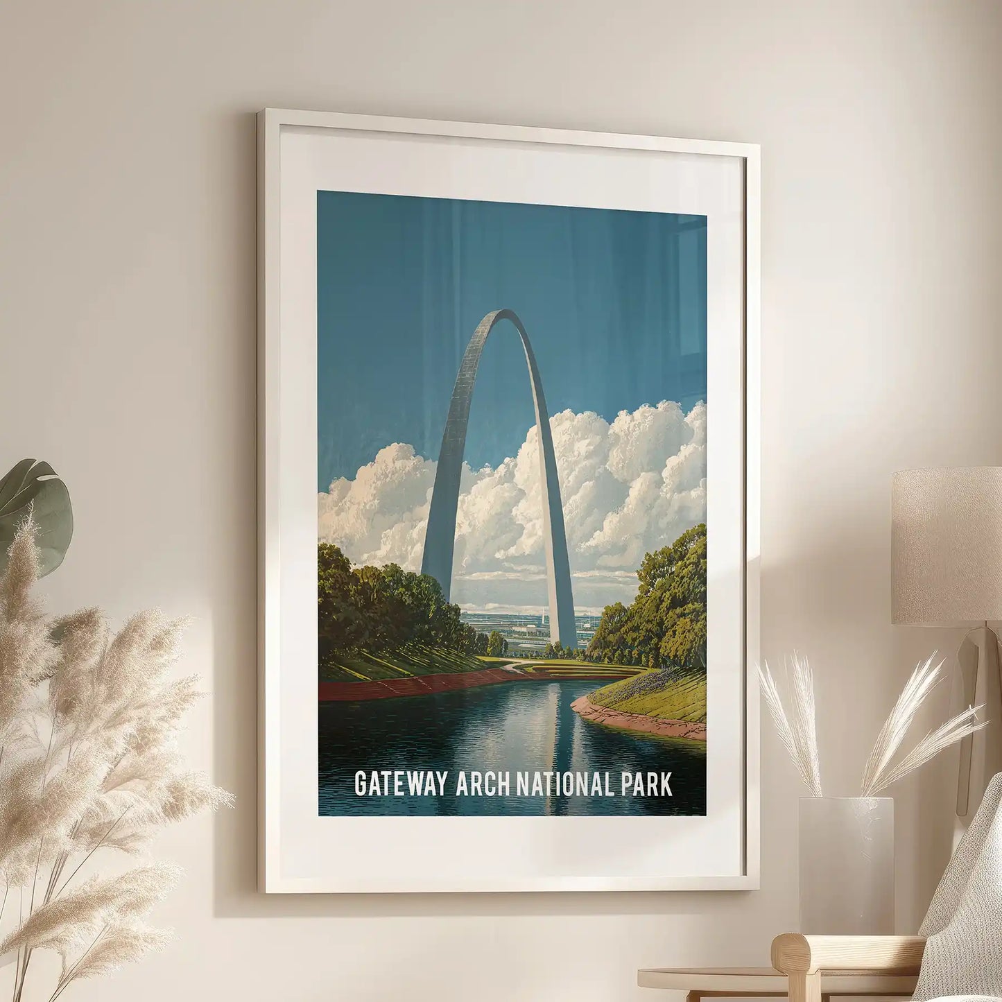 Framed minimalist Arch architecture poster with a white mat lends a curated, airy finish to the lounge wall above an accent chair.