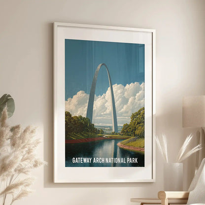 Framed minimalist Arch architecture poster with a white mat lends a curated, airy finish to the lounge wall above an accent chair.