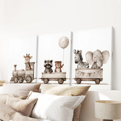 A giraffe in the engine, a balloon over the middle car and a zebra with an elephant at the rear span three canvases above a bed.