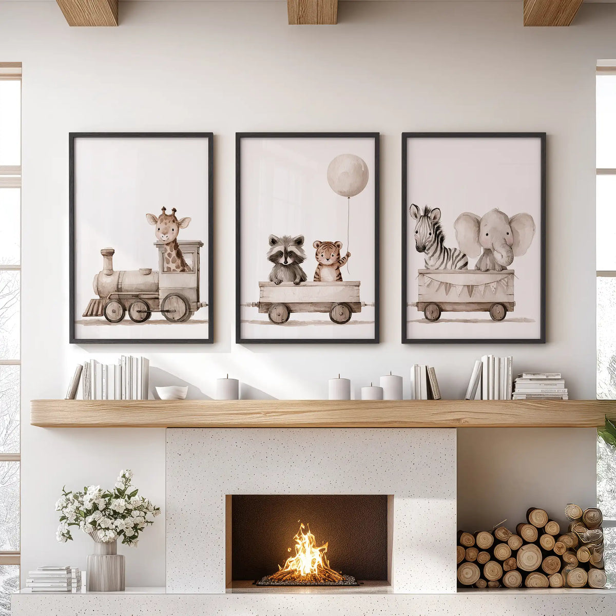 Above a fireplace, three prints in black frames show baby animals riding a wooden train.