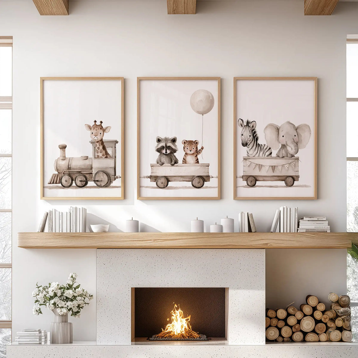 A set of three animal train prints in oak frames above a fireplace.