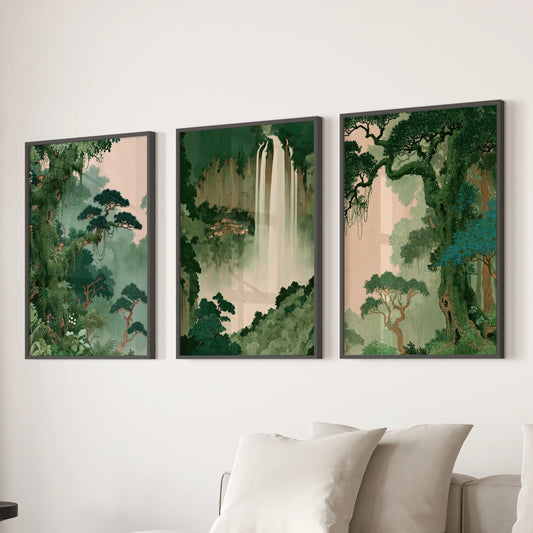 Japanese nature landscape wall art in a three-piece set, shown in black frames over the sofa in a living room with neutral furnishings.