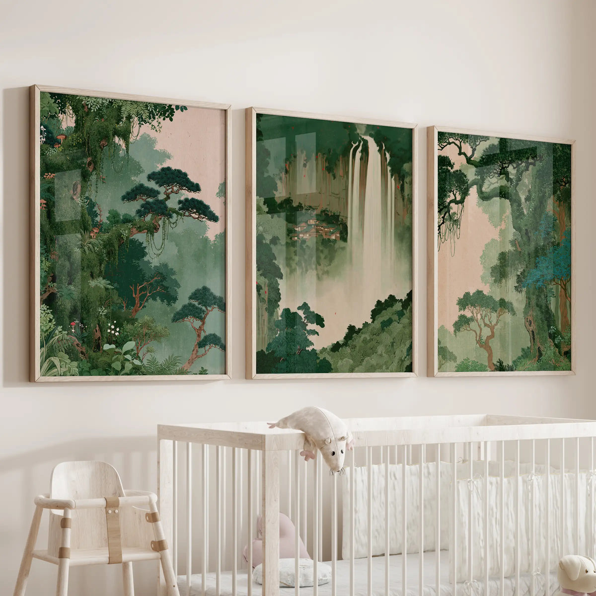 Japanese nature landscape wall art set of three oak-framed prints, displayed over a bassinet in a nursery.