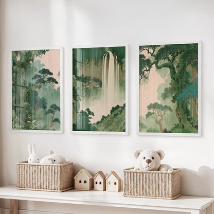 Japanese nature landscape wall art set of three white-framed prints, displayed above a storage bench in a kids' playroom.