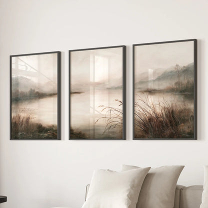 Three-piece wall art set featuring an antique nature scene in black frames, arranged above a lounge sectional.