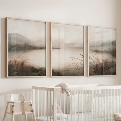 Antique nature scene wall art set of 3 pictures in natural oak frames, displayed over a nursery crib.