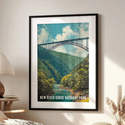Large framed wall art of the Appalachian Mountains, matted in black, brings soft sky and pine details above an armchair in the family room.