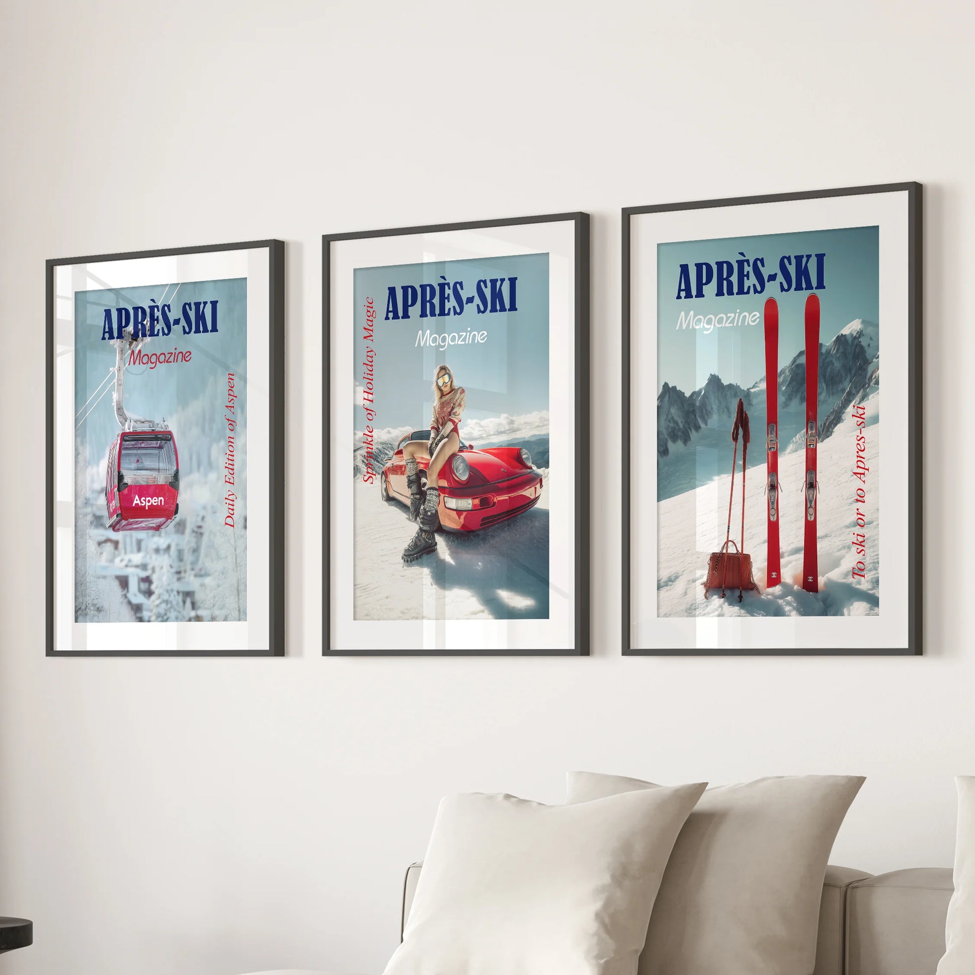 A three-piece wall art set showing a cozy snow-lodge bar scene warms the lounge above the couch, neatly matted in black frames.