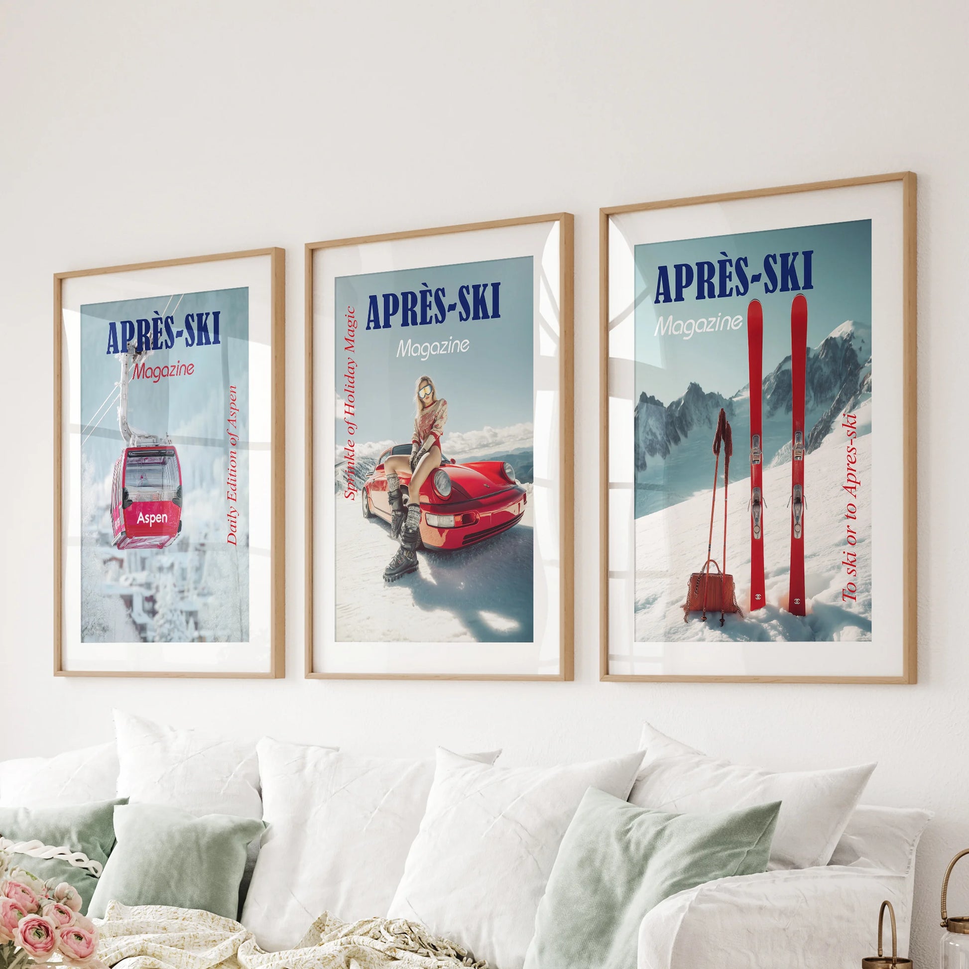 Matted within oak frames, three retro skier illustrations lift the lounge wall above the sofa with lively movement and frosty color.