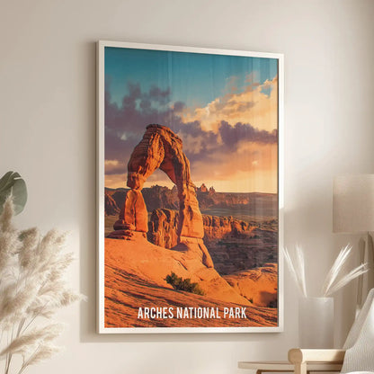 A white-framed gallery print of the Delicate Arch brightens the lounge, styled above the chair to highlight the clear desert sky’s openness.