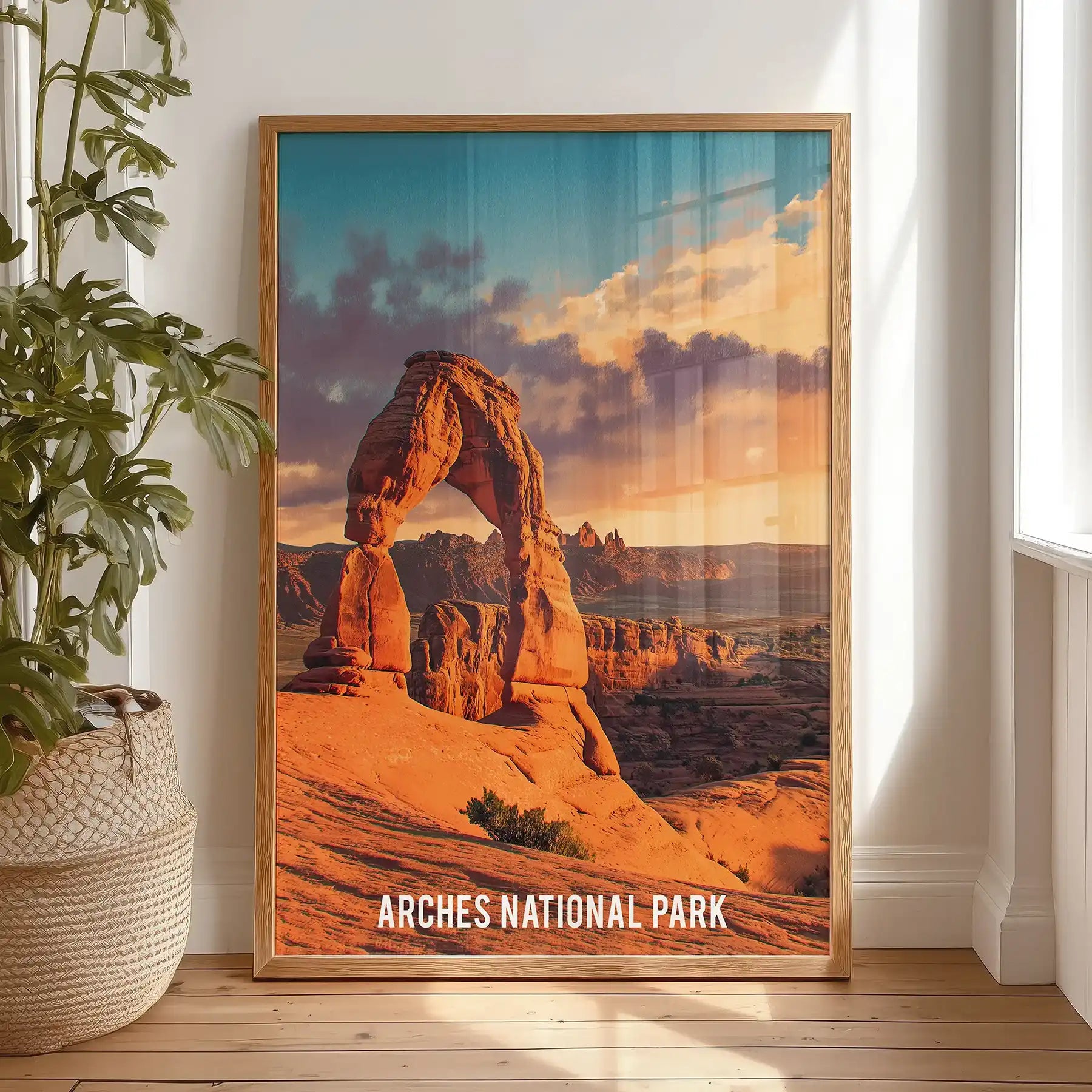 Fiery red-orange rock formations large wall art stands by the bedroom window, set in a natural wood frame that echoes the desert’s earthy tones.