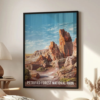 Petrified Forest National Park landscape statement wall art in a black frame sits near the reading chair in the lounge, adding sunbaked red rock warmth.