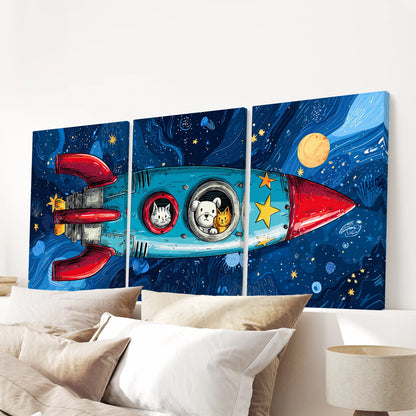 A 3-print rocket ship canvas set stretches over the headboard, its wraparound edges giving the bedroom art a clean, frame-free look.