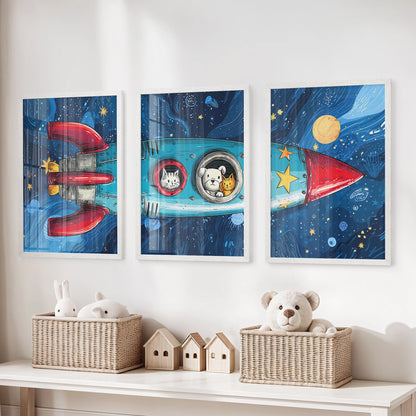 Cartoon rocket wall art, three pieces, brings playful color to the playroom, neatly presented in white frames.