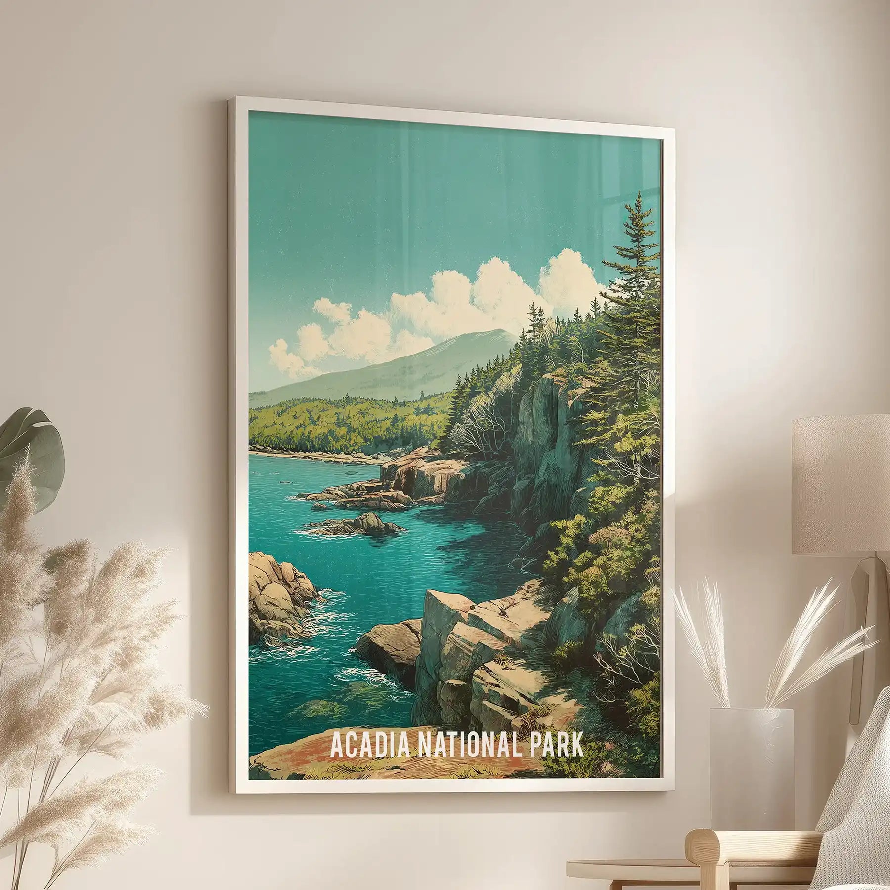 This single panel landscape print of a woodland forest, framed in white, hangs above a window-side chair bringing calm to the family room.