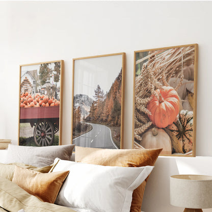 An autumn pumpkin farm picture set of three in thin wood frames hangs over the bed, adding gentle barnside warmth and muted orange tones.