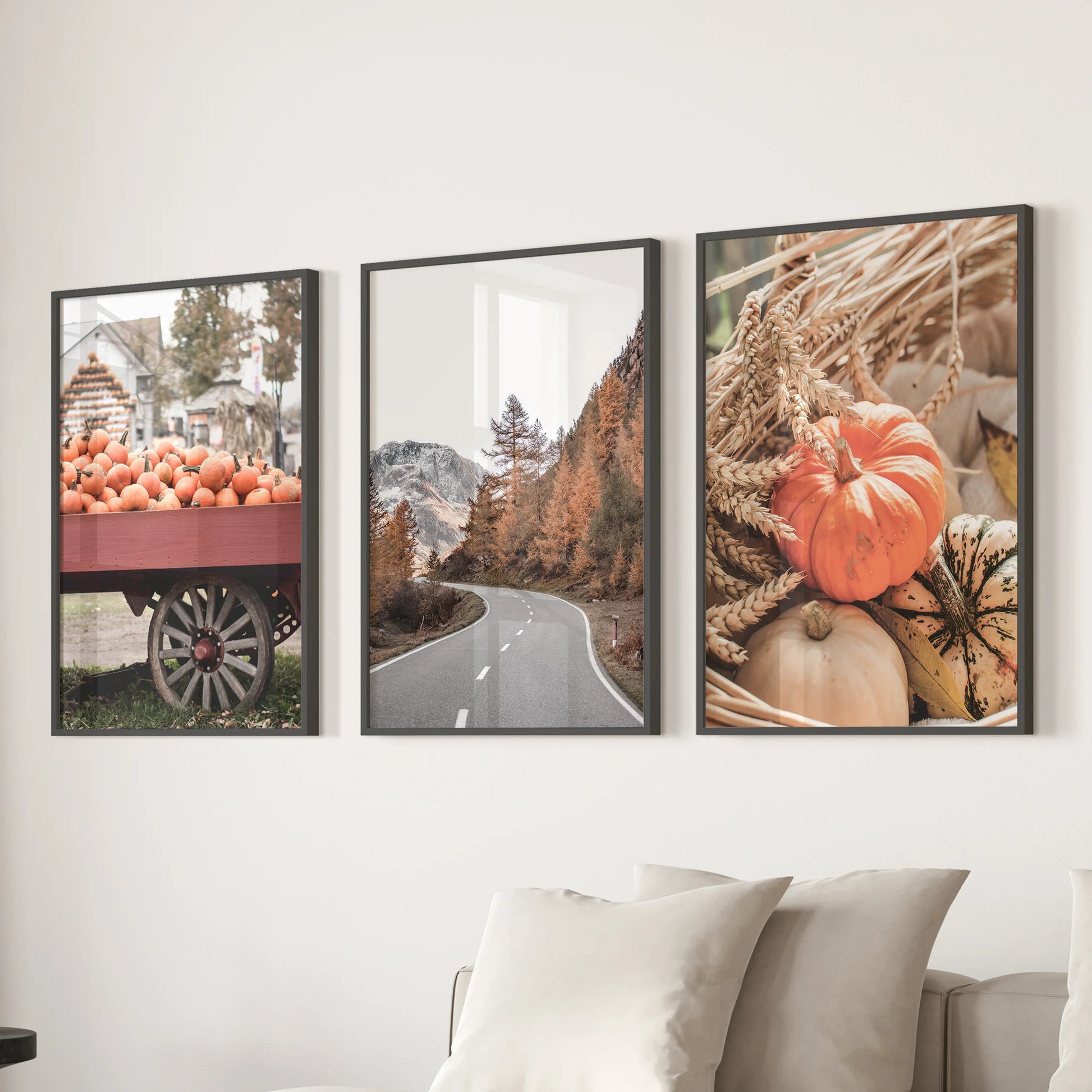 Pumpkin patch 3-piece wall art set in black frames sits neatly over the couch, adding farmhouse warmth to the living room with rich autumn tones.