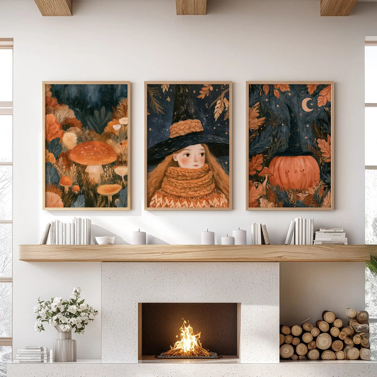An autumn forest witch anchors this three-piece wall art set in natural wood frames, displayed above the family room fireplace mantel.